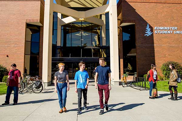 Students walking out of student union building